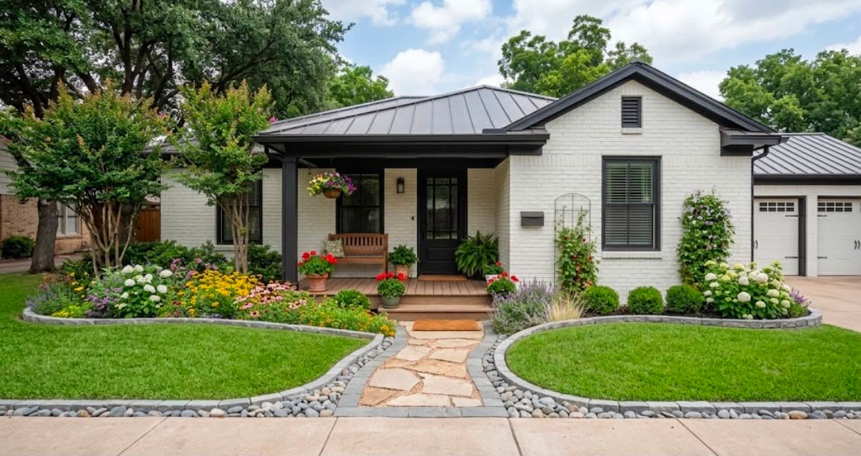 Flower beds with hydrangeas and river rock edging, plus a flagstone path, in front of a white brick cottage