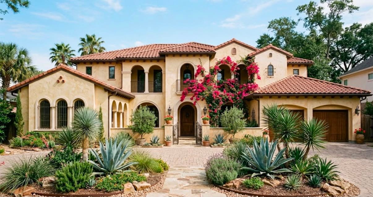Low-water landscape design: agaves, ornamental grasses and boulders on decomposed granite in front of a Mediterranean-style home