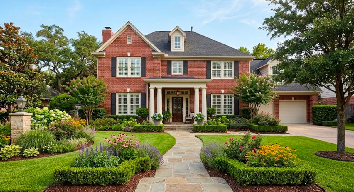 Front yard landscape design: boxwood hedges, perennial beds and a stone walkway in front of a red brick home
