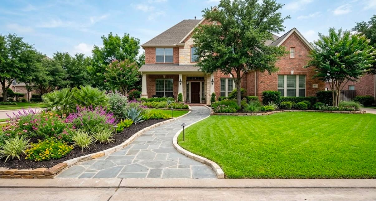 Front yard landscaping: flagstone walkway, layered perennial beds and a striped lawn in front of a two-story brick home with mature trees