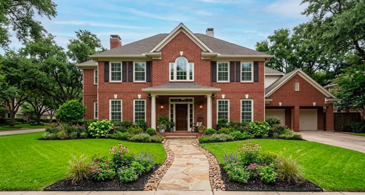 Landscape installation: flagstone path with river rock edging, flower beds and lawn in front of a large brick colonial home