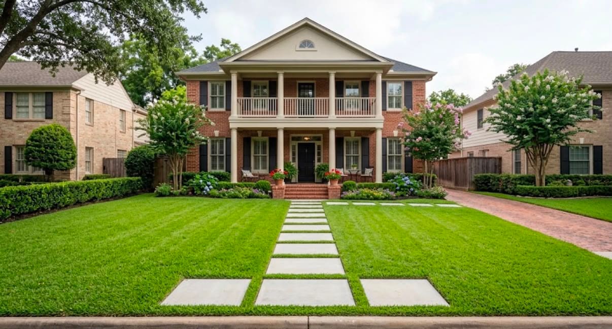 Brick paver driveway and concrete stepping pads set into a striped lawn in front of a two-story colonial home