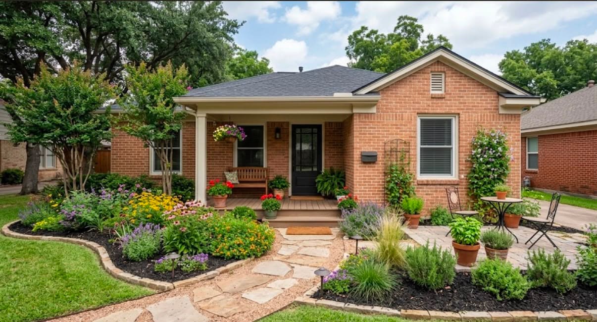 Flagstone patio with a bistro table, surrounded by mulched beds of perennials and herbs beside a brick home